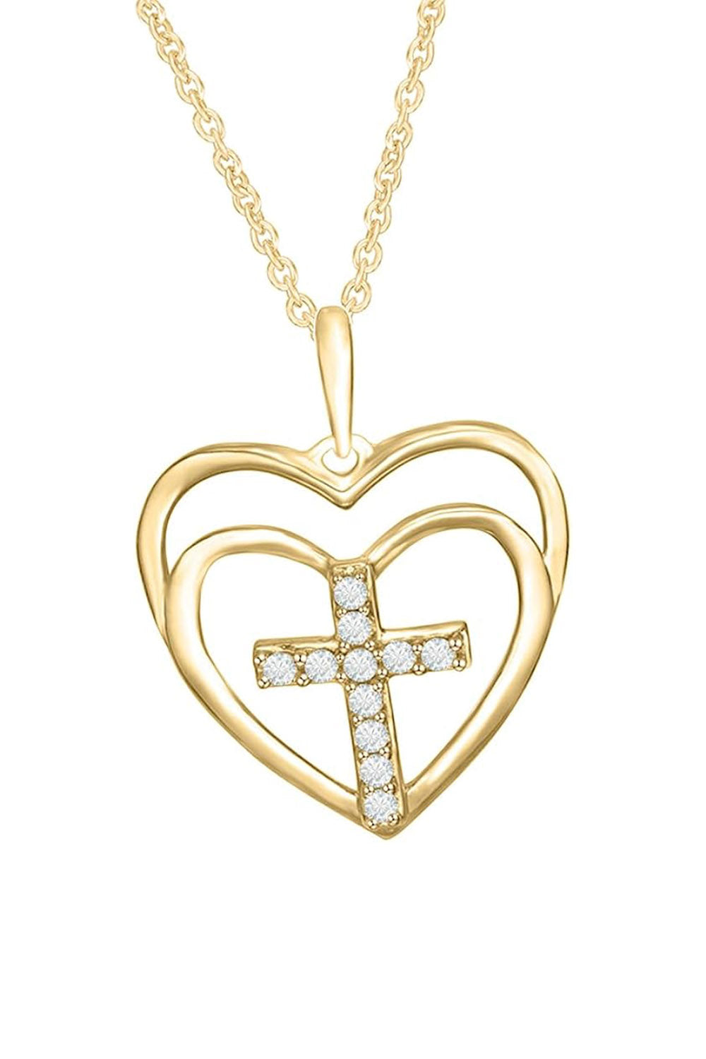 Yellow Gold Color Cross Double Heart Love Pendant Necklace