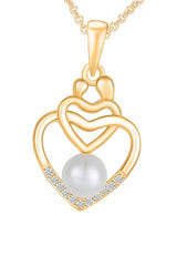 Yellow Gold Color Pearl Child with Mom Double Heart Pendant Necklace 