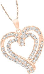 Rose Gold Color Trendy Round Moissanite Double Love Heart Pendant Necklace 