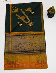 Dark Olive Green Mangalgiri Cotton Saree