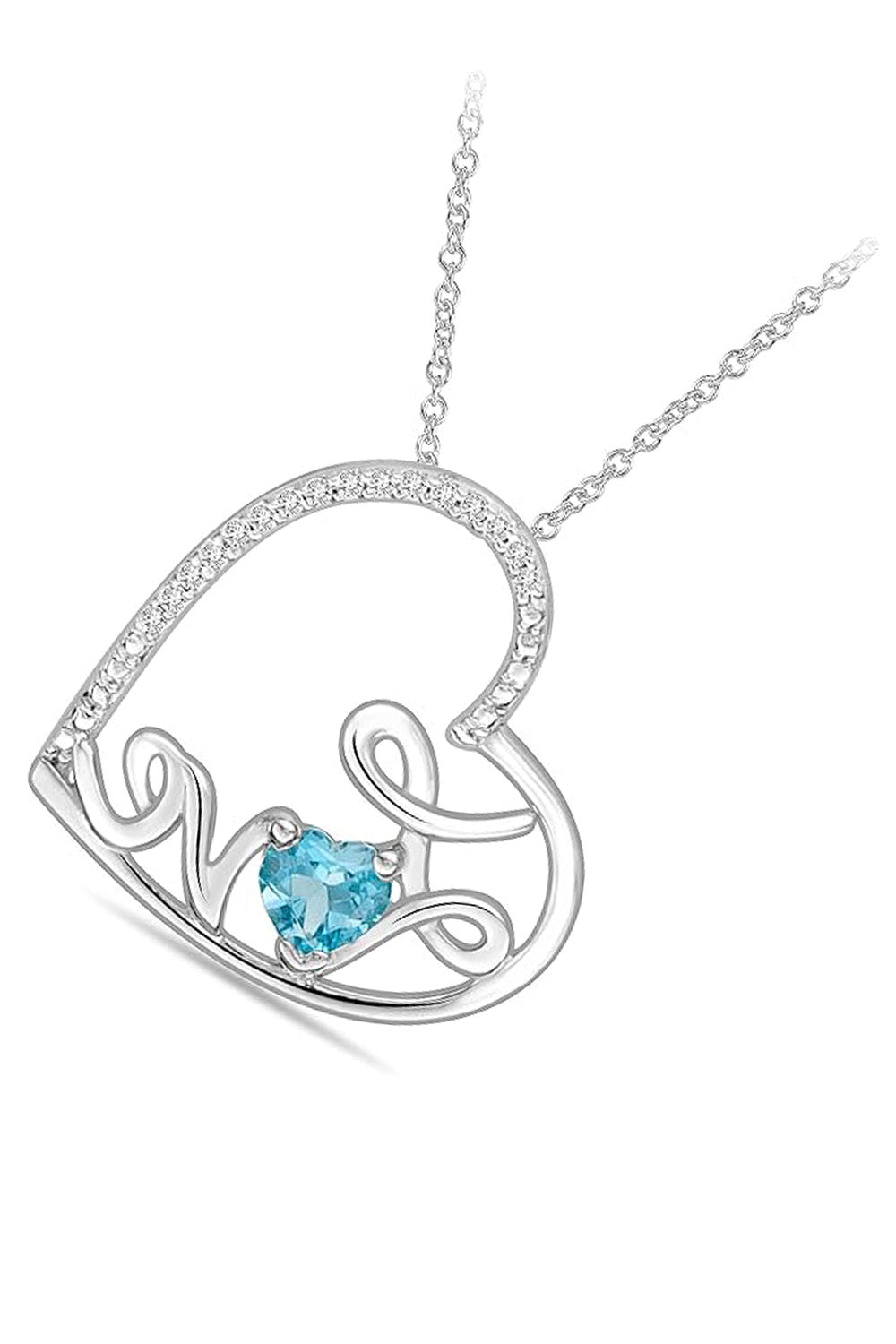 White Gold Color Blue Topaz Gemstone Love Heart Pendant Necklace