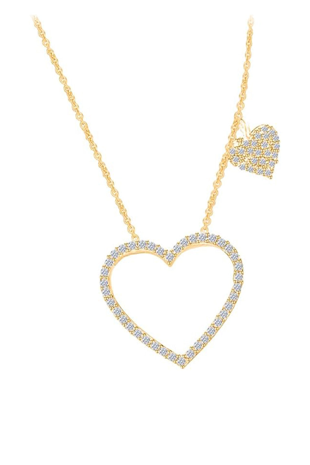Yellow Gold Color Heart Outline with Heart Dangle Station Necklace 