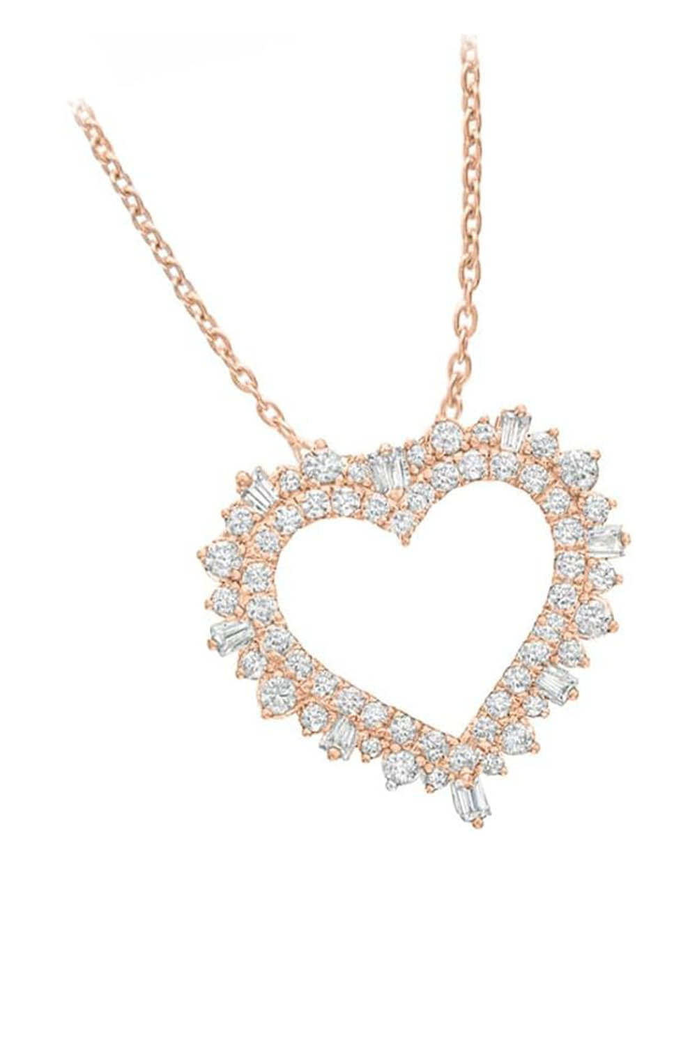 Rose Gold Color Baguette Round Moissanite Heart Pendant Necklace 