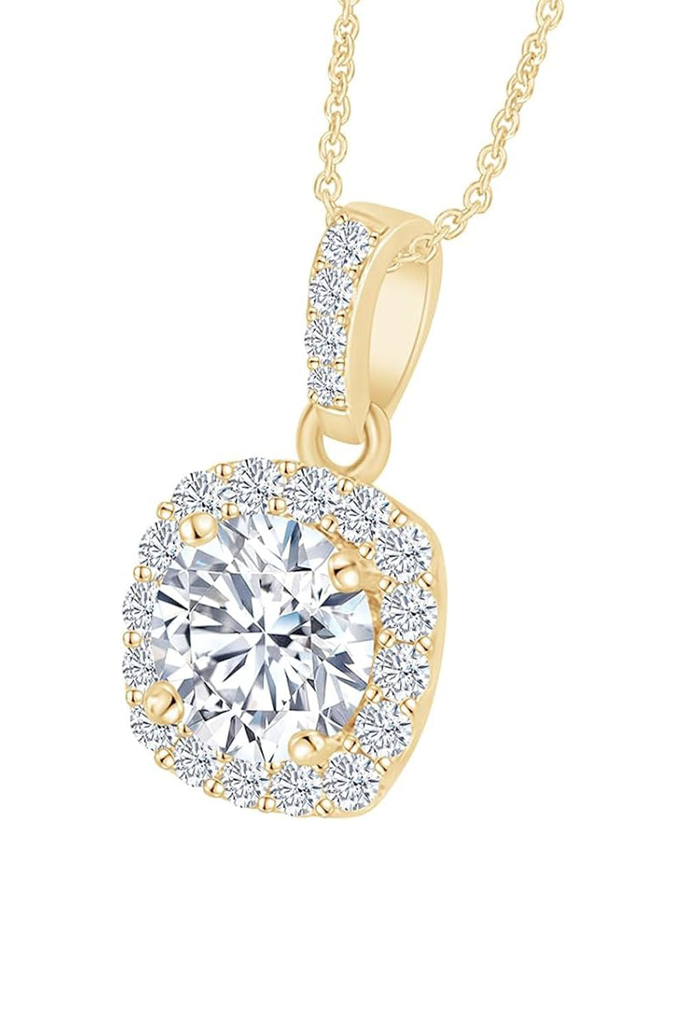 Yaathi 1 Carat Moissanite Diamond Cushion Halo Pendant Necklace in 18K Gold Plated Sterling Silver.