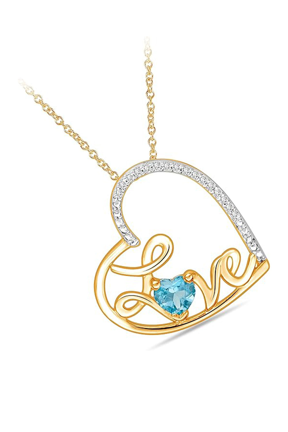 Yellow Gold Color Blue Topaz Gemstone Love Heart Pendant Necklace