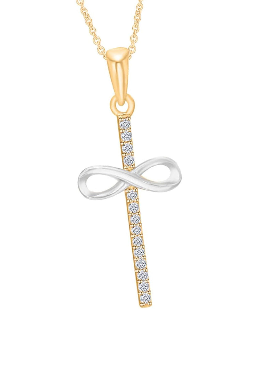 1/4 Carat Moissanite Infinity Cross Pendant Necklace in 18K Two Tone Gold Plated Sterling Silver.