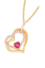 Yellow Gold Color Ruby Diamond Tilted Double Heart Pendant Necklace