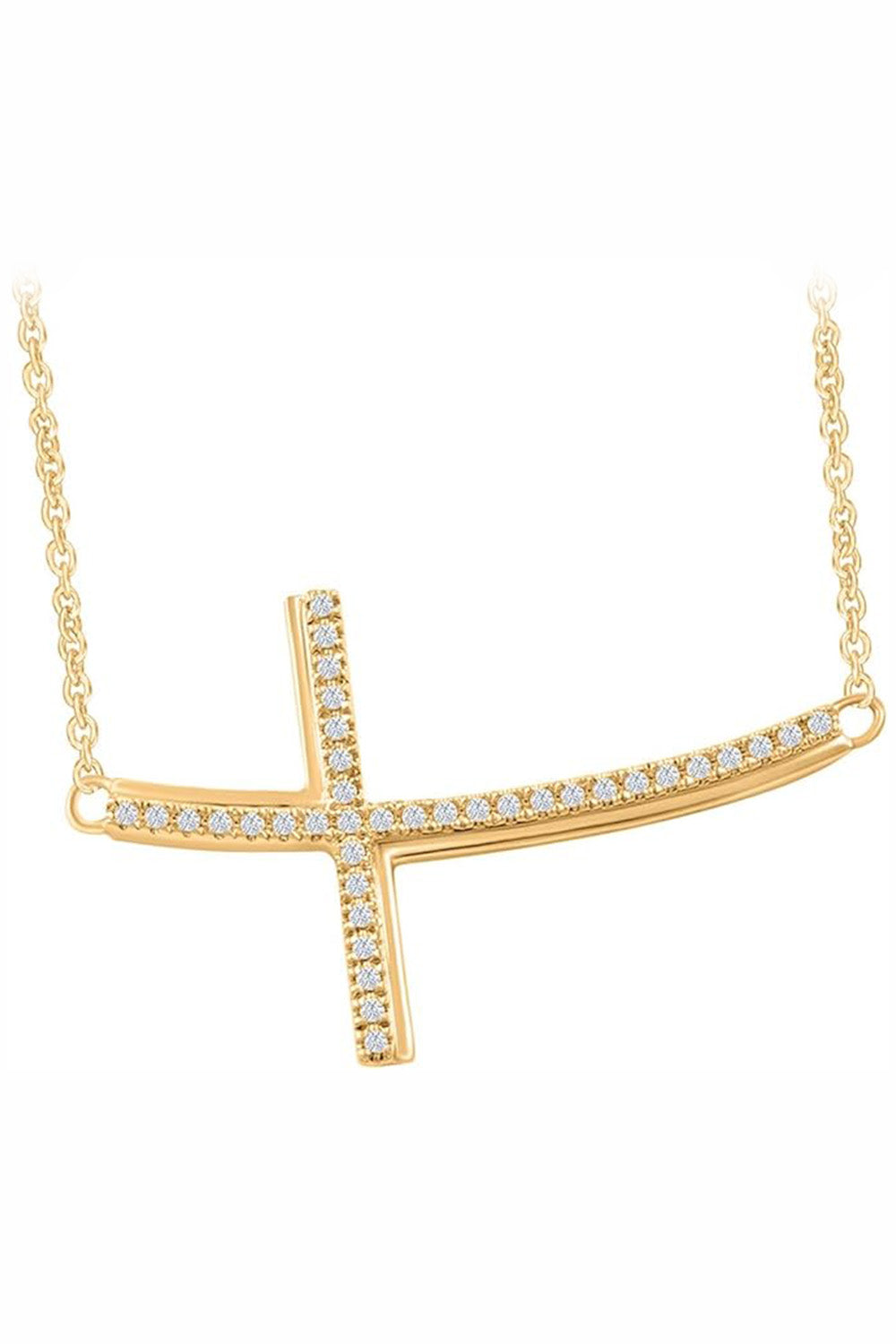 Yellow Gold Color Curved Sideways Cross Pendant Necklace, Jewellery