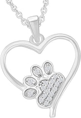 White Gold Color Paw Print Heart Love Pendant Necklace