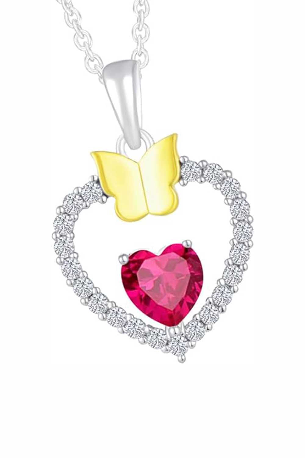 Ruby Gemstone Heart with Butterfly Pendant Necklace