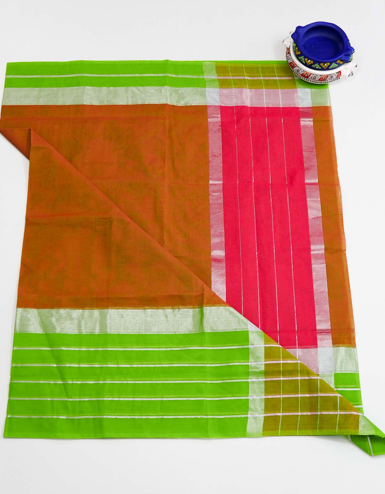 Golden Brown Color Cotton Saree with Silver Line