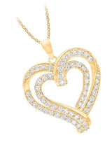 Yellow Gold Color Trendy Round Moissanite Double Love Heart Pendant Necklace 