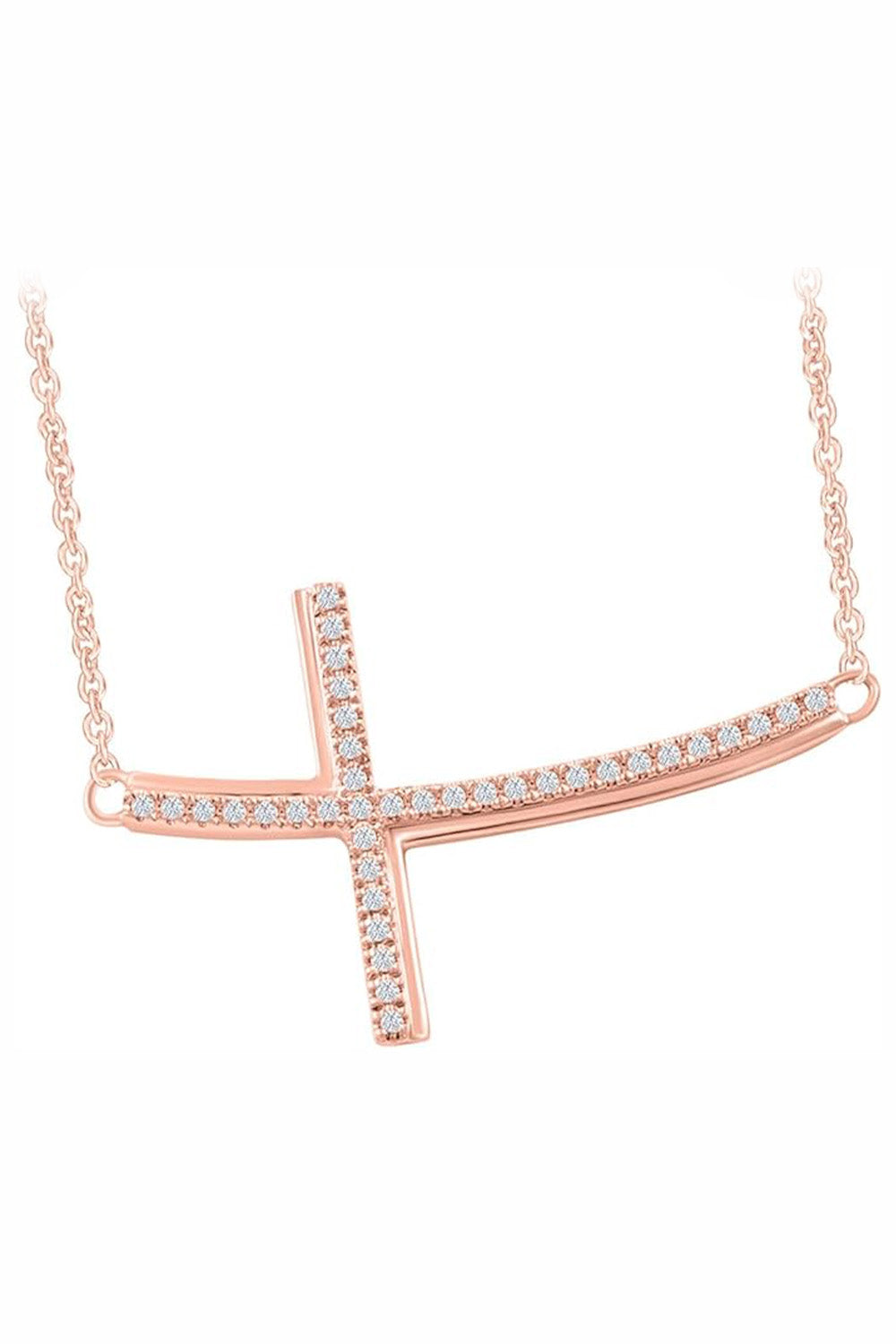 Rose Gold Color Curved Sideways Cross Pendant Necklace, Jewellery