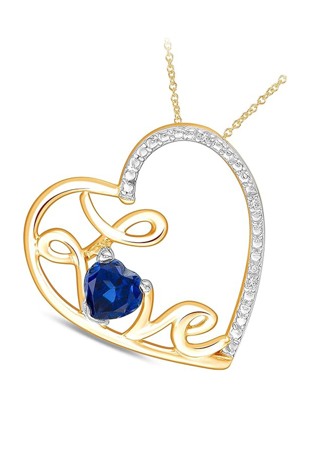 Yellow Gold Color Blue Sapphire Love Heart Pendant Necklace