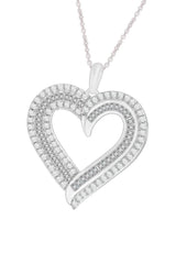 White Gold Color Baguette and Double Row Heart Pendant Necklace 