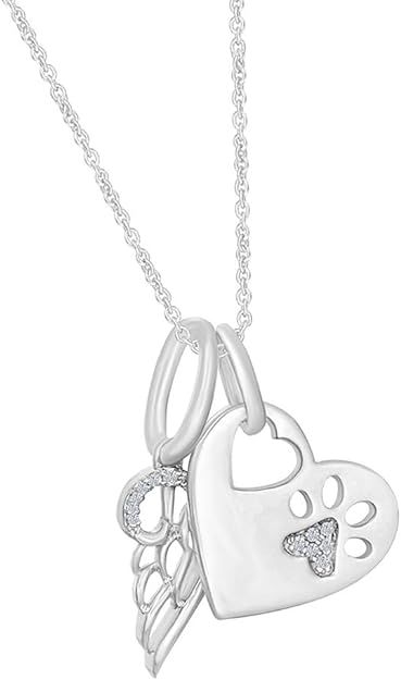 White Gold Color Paw Print Heart Angel Wing Charm Pendant Necklace