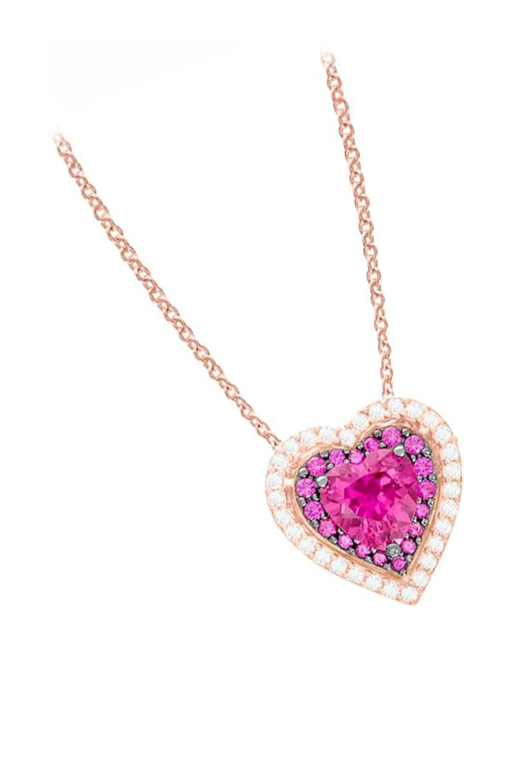 Rose Gold Color Ruby Diamond Double Heart Pendant Necklace 