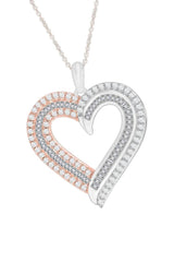Rose Gold Color Baguette and Double Row Heart Pendant Necklace 