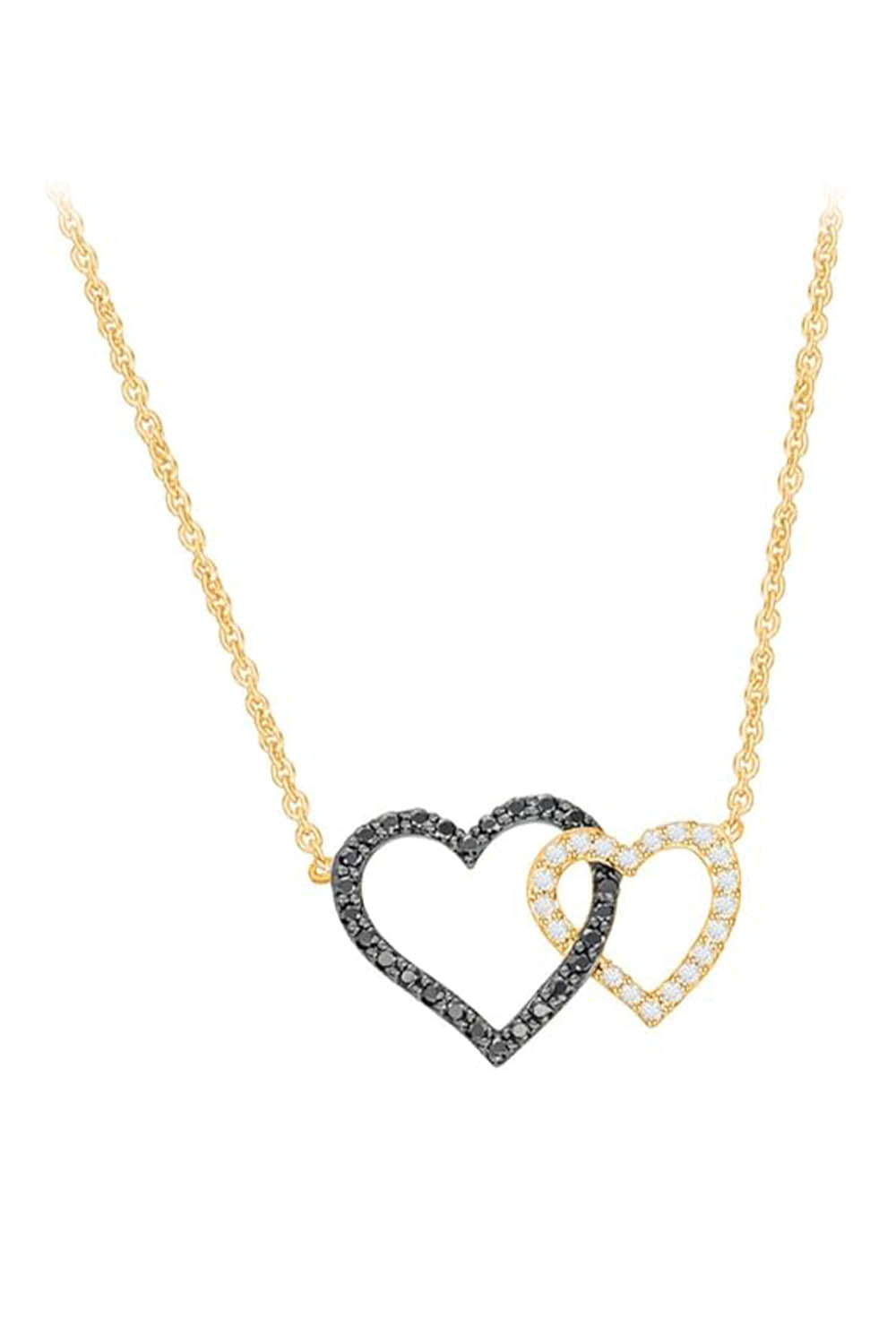 Yelow Gold Color Black and White Interlocking Heart Necklace