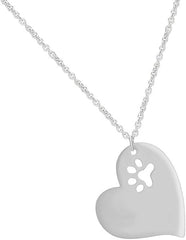 White Gold Color Dog Paw Print Cutout Tilted Heart Pendant Necklace 