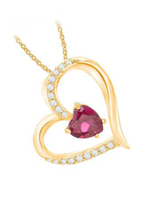 Yellow Gold Color Pink Ruby Birthstone Love Heart Pendant Necklace