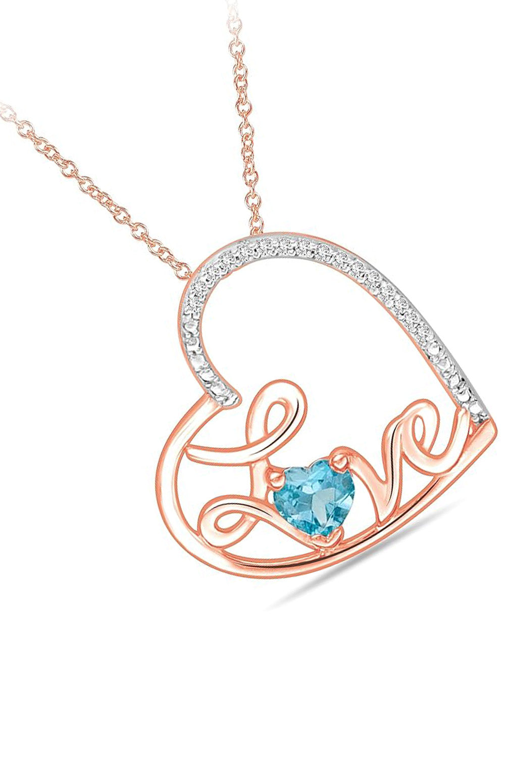 Rose Gold Color Blue Topaz Gemstone Love Heart Pendant Necklace