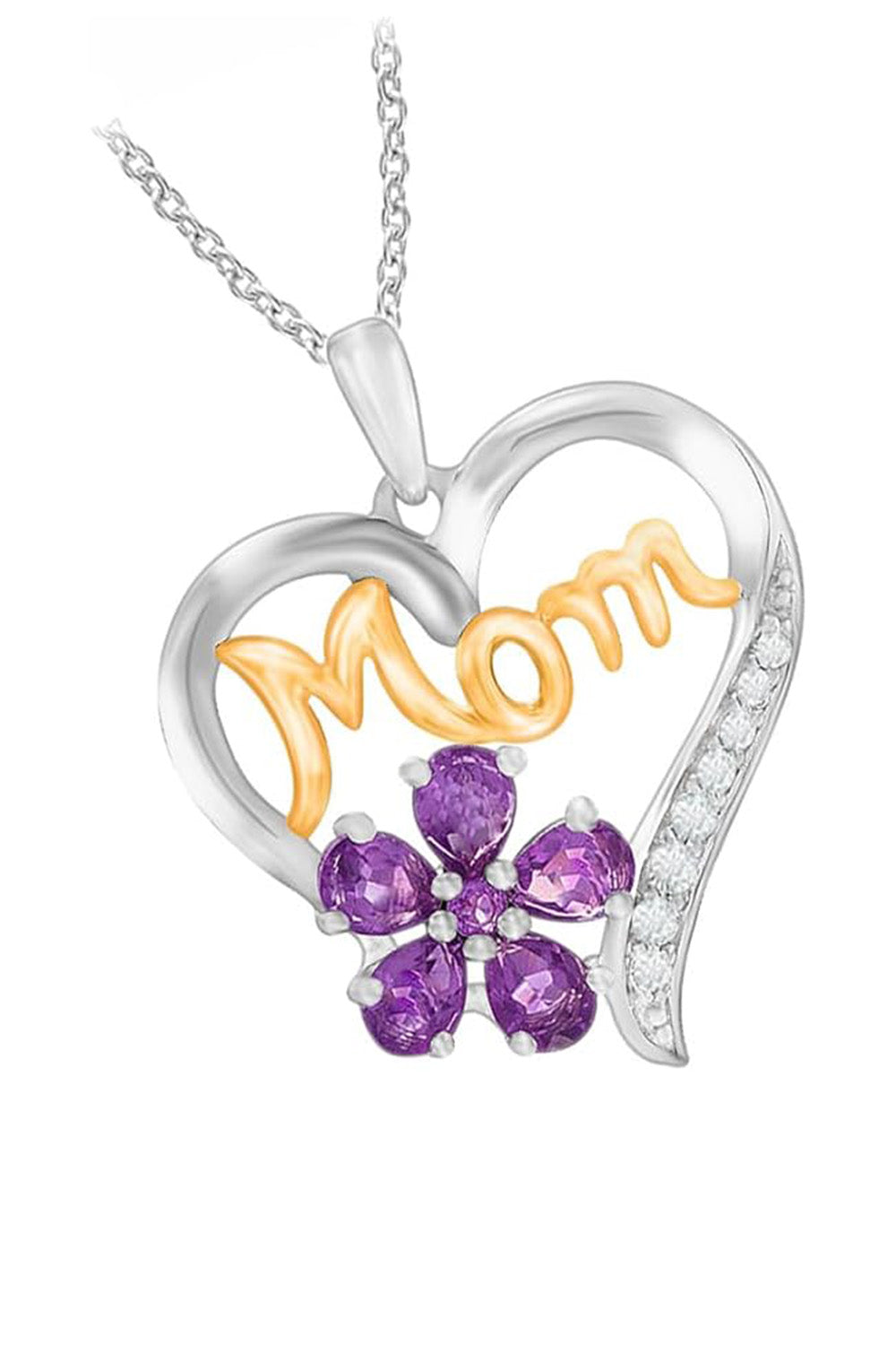 White Gold Color Pear Shaped Amethyst - MOM Love Pendant