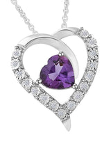 White Gold Color Heart-Shape Simulated Amethyst Heart Pendant Necklace 