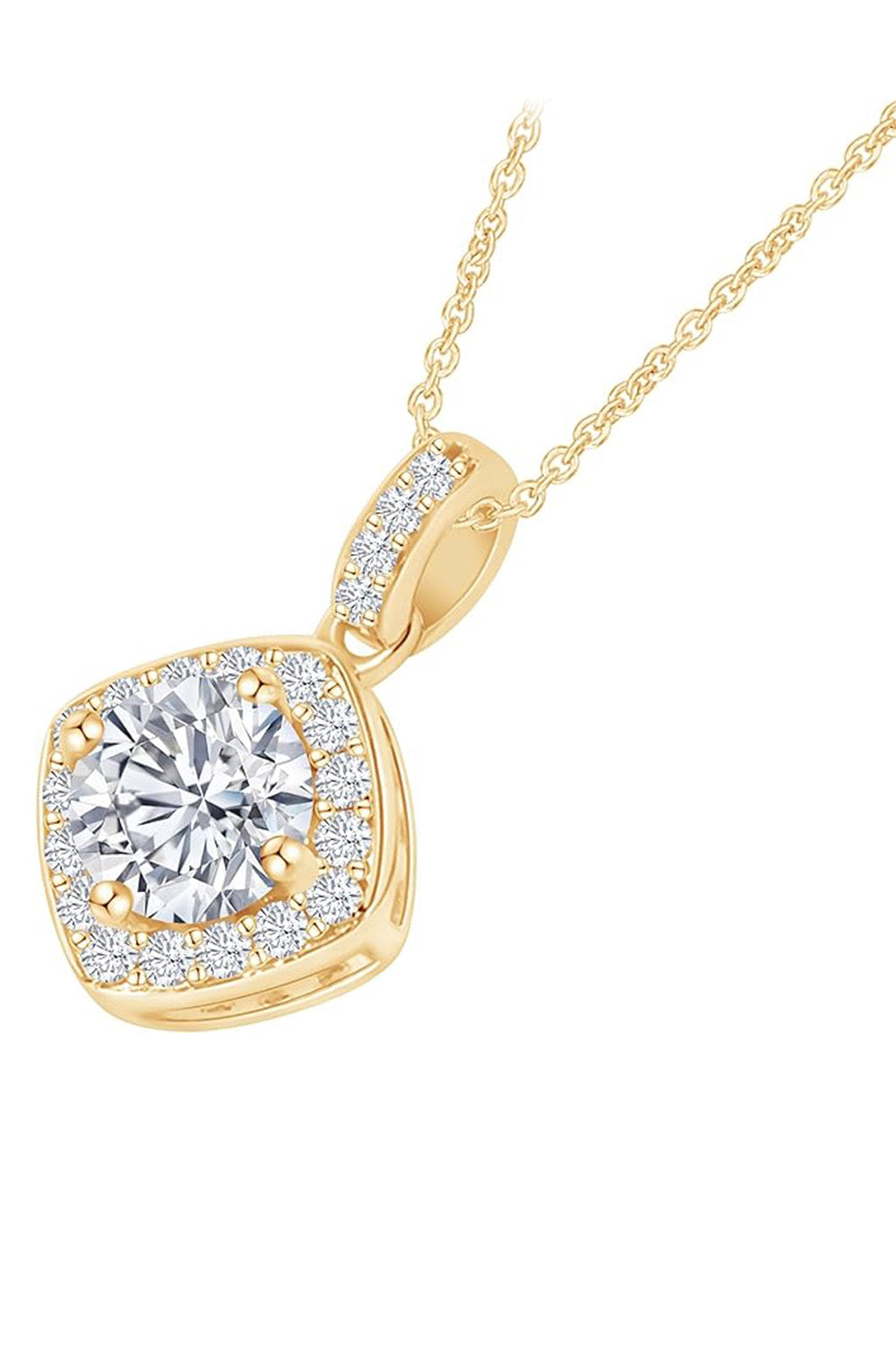 Yellow Gold Color Cushion Halo Pendant Necklace