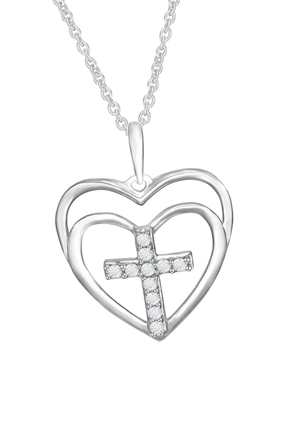 White Gold Color Cross Double Heart Love Pendant Necklace
