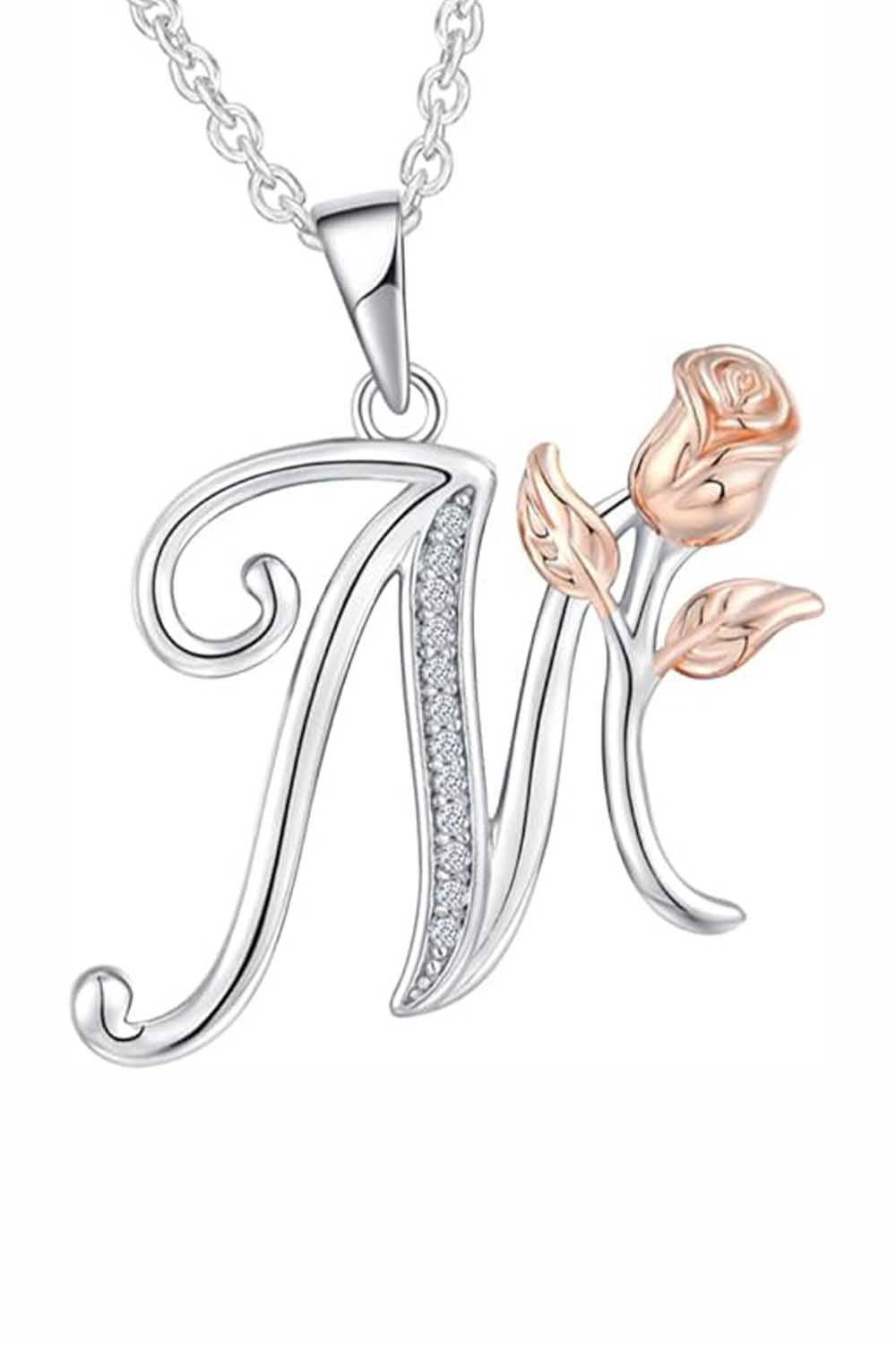 M Letter With Rose Pendant Necklace