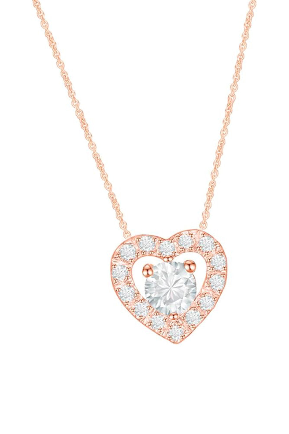 Rose Gold Color Round Solitaire Moissanite Halo Heart Pendant Necklace