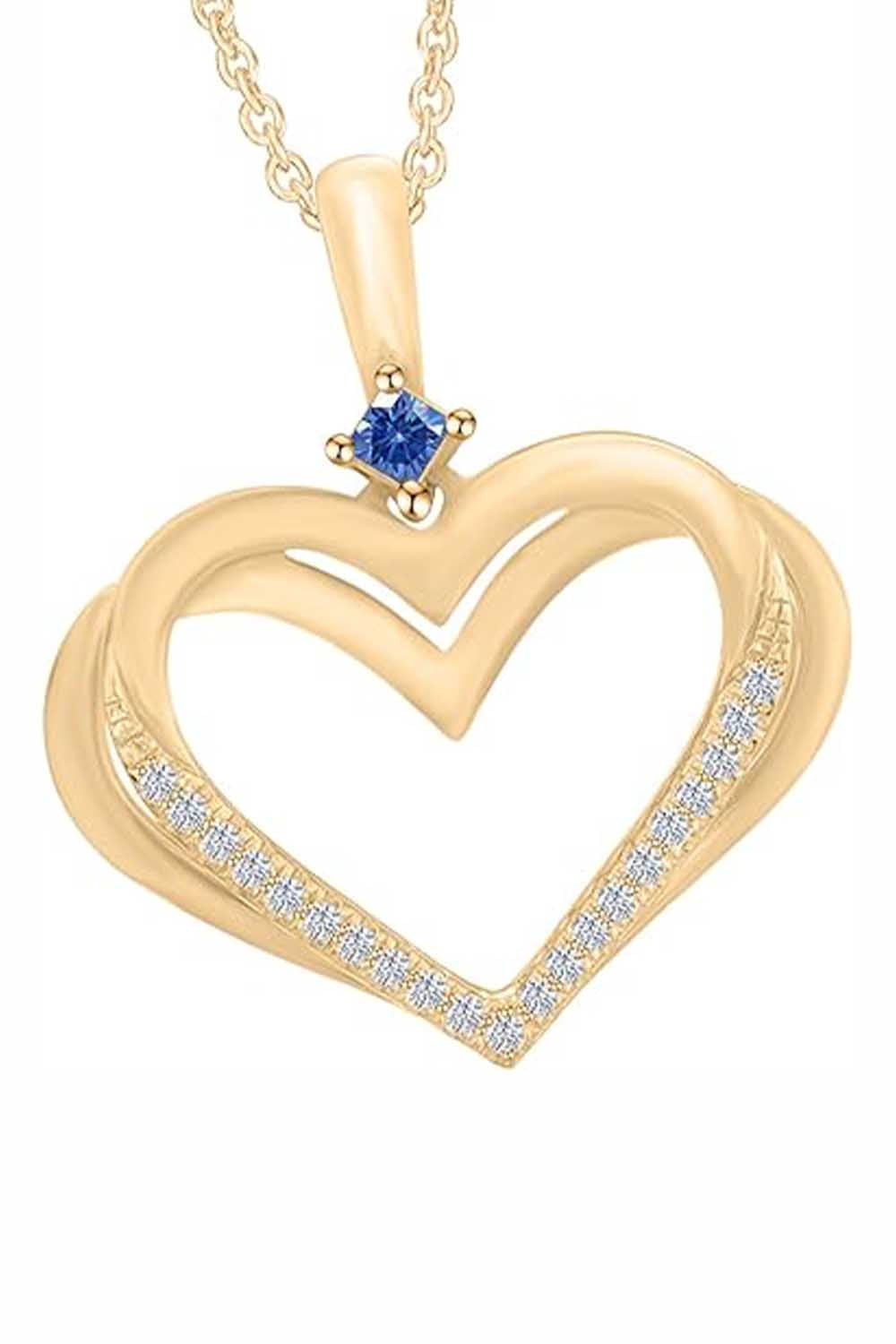 Yellow Gold Color Stylish Blue Sapphire Double Heart Pendant Necklace