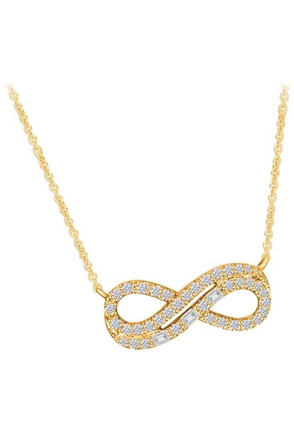 Yellow Gold Color Baguette and Double Row Infinity Pendant Necklace 
