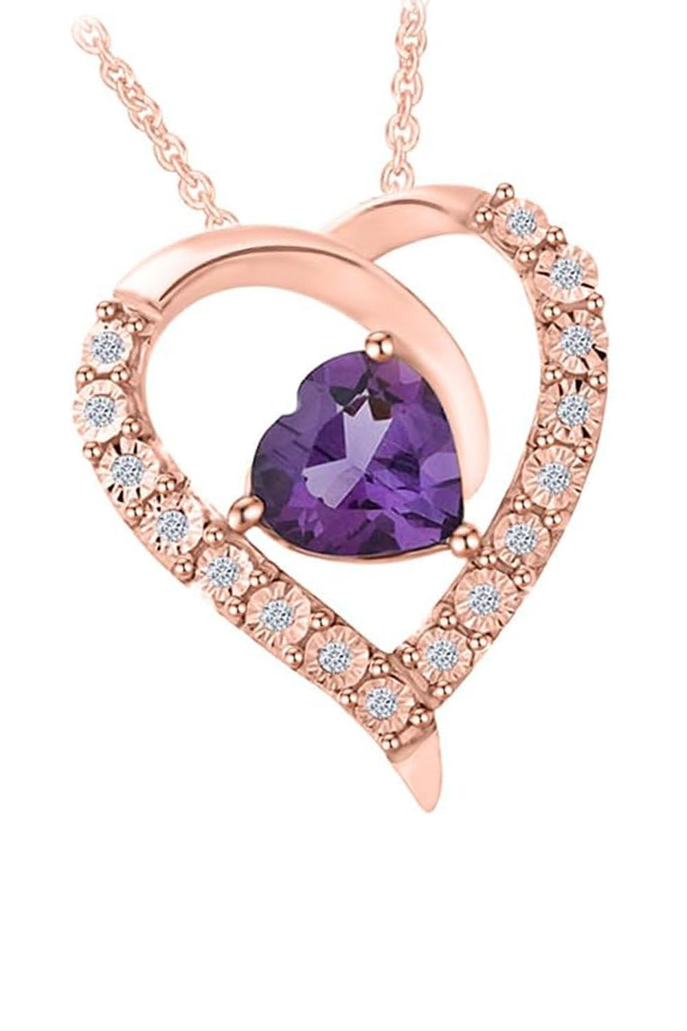 Rose Gold Color Heart-Shape Simulated Amethyst Heart Pendant Necklace 