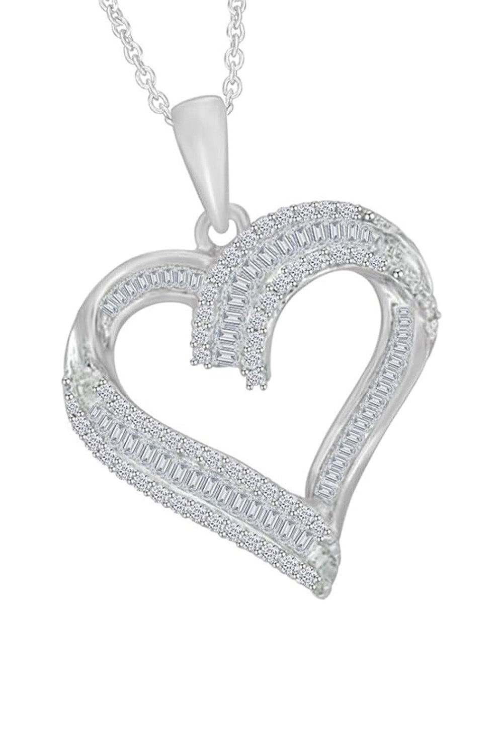 White Gold Color Baguette Cut and Round Moissanite Heart Pendant