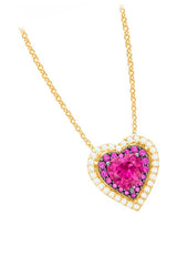 Yellow Gold Color Ruby Diamond Double Heart Pendant Necklace 