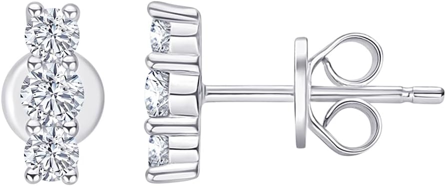 1/2 Carat Three Stone Moissanite Diamond Bar Stud Earrings for Women Girls in 14k Gold Plated 925 Sterling Silver.