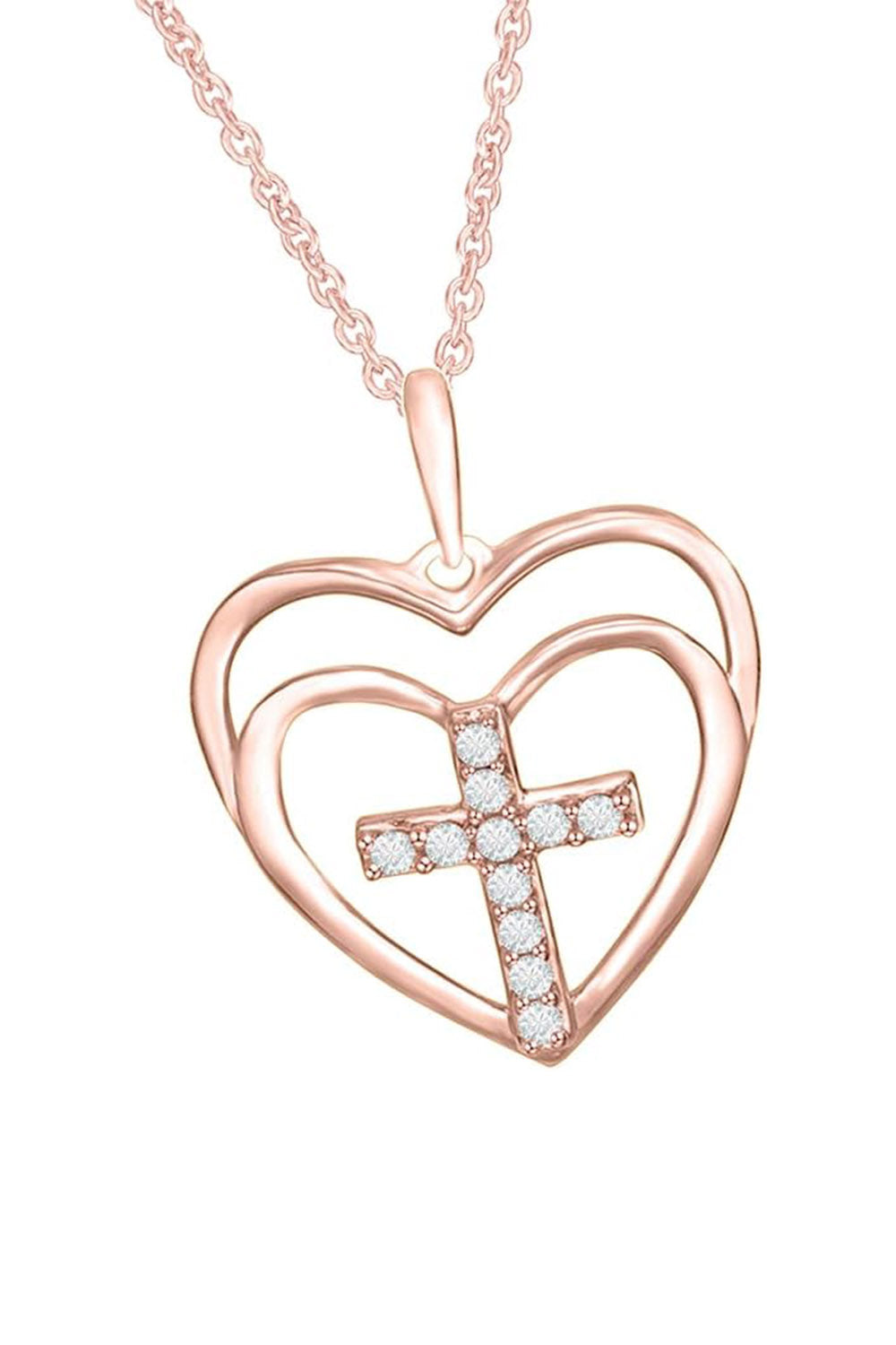 Rose Gold Color Cross Double Heart Love Pendant Necklace