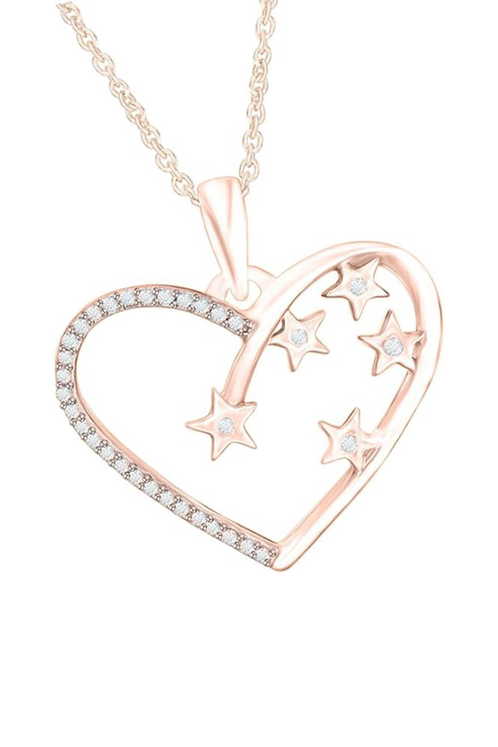 Rose Gold Color Heart Outline and Scattered Star Pendant Necklace 