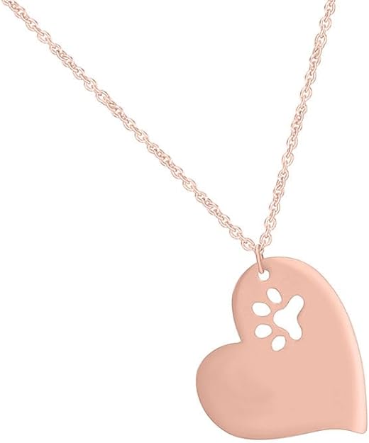 Rose Gold Color Dog Paw Print Cutout Tilted Heart Pendant Necklace 