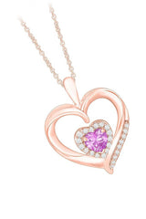 Rose Gold Color Pink Sapphire Diamond Double Heart Pendant Necklace 