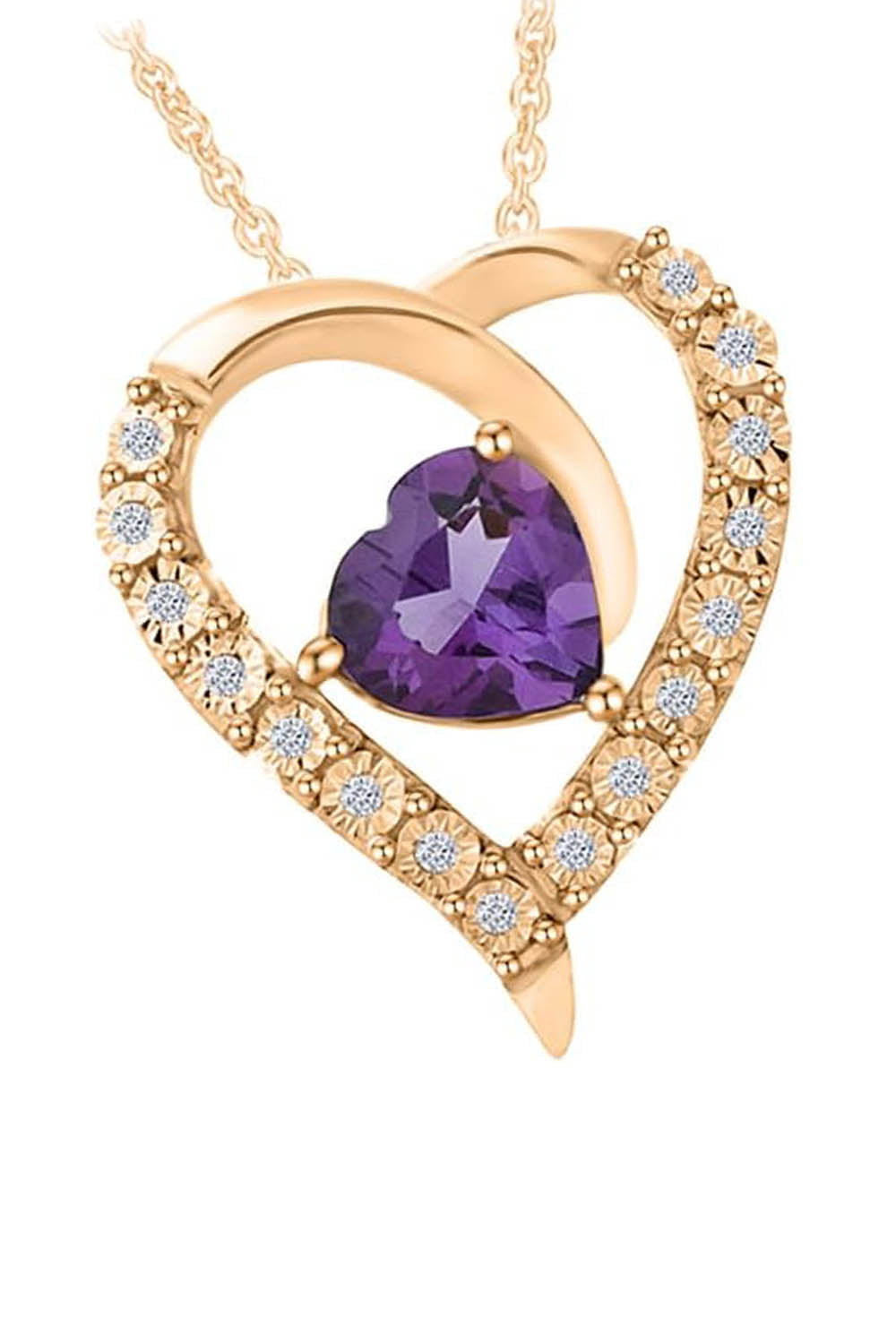 Yellow Gold Color Heart-Shape Simulated Amethyst Heart Pendant Necklace 