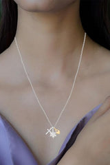 Moissanite Cross, Snowflake and Heart Lock Charms Pendant Necklace in 18k Two tone Gold Plated Sterling Silver.