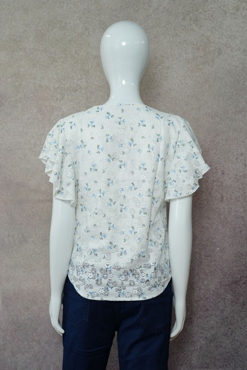 Blue Color Floral V Neck Top Half Sleeve