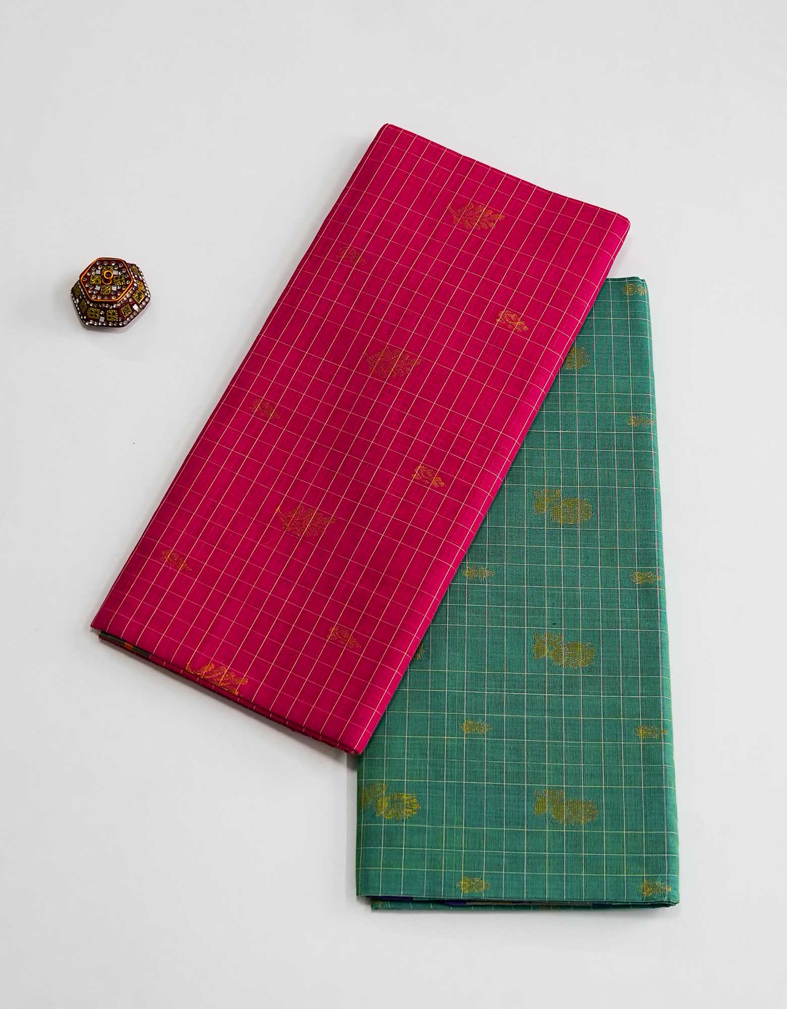 Venkatagiri Checked Cotton Saree in pink and green