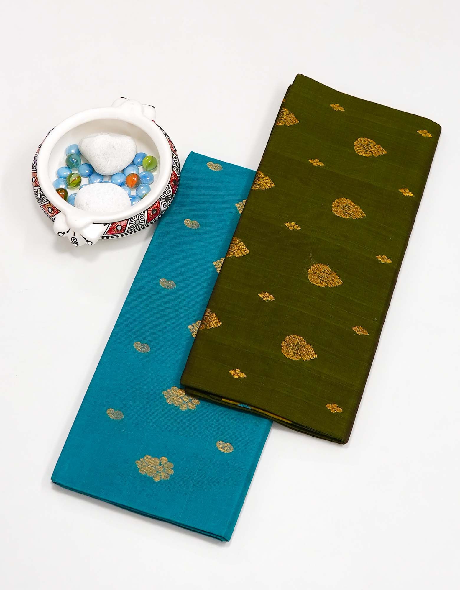 Olive Drab ,Cerulean Venkatagiri Cotton Saree