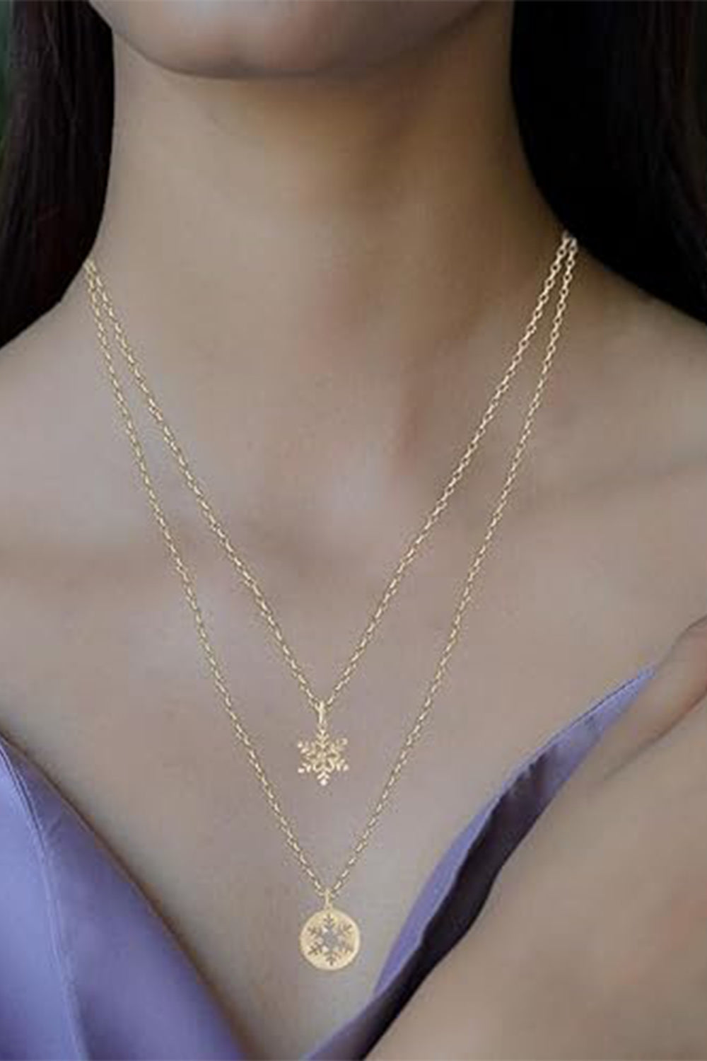 Yellow Gold Color Snowflake Cut-Out Snowflake Disc Pendant Necklace