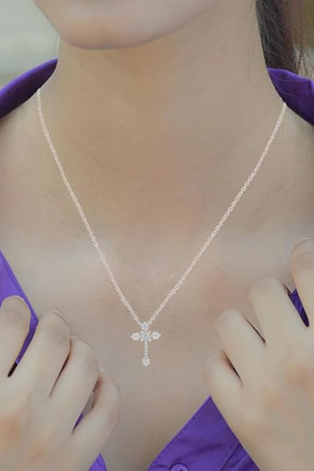 New Baguette and Round Moissanite Cross Pendant Necklace 