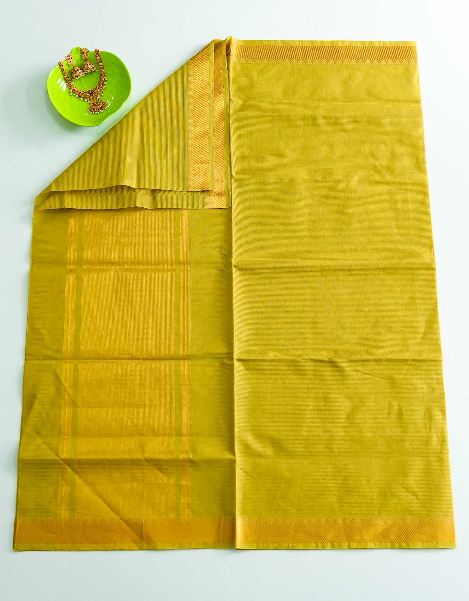 Mustard Green Mangalgiri Cotton Saree with Stripes